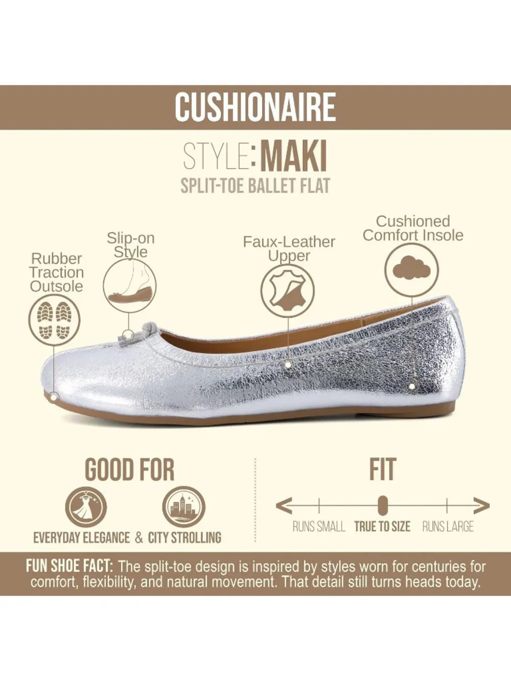 Women's Silver Rubber Split Toe Ballet Flats Flexible Sole Comfort Slip On Shoes